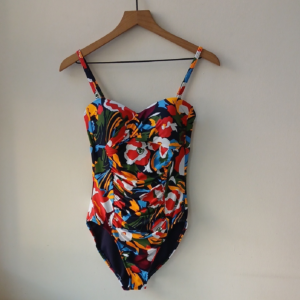 Anne Cole Shirred Floral Print Swimsuit Black Women's 10
